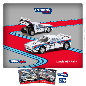 Tarmac Works 1/64 Lancia 037 Rally Rally Monte Carlo 1983 Winner W. Rohrl / C. Geistdorfer Model Car + Trading Cards Combo Set - 內含1包2張的Tarmac Cards收藏卡