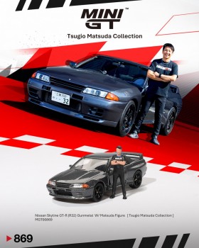 Mini GT 1/64 Nissan Skyline GT-R (R32) Nismo Gunmetal  W/ Matsuda Figure  Tsugio Matsuda Collection