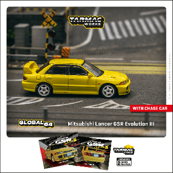 Tarmac Works 1/64 Mitsubishi Lancer GSR Evolution III Yellow Model Car + Trading Cards Combo Set