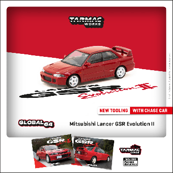 Tarmac Works 1/64 Mitsubishi Lancer GSR Evolution II Red Model Car + Trading Cards Combo Set