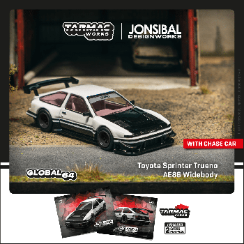 Tarmac Works 1/64 Toyota Sprinter Trueno AE86 Widebody by Jon Sibal White / Black Model Car + Trading Cards Combo Set